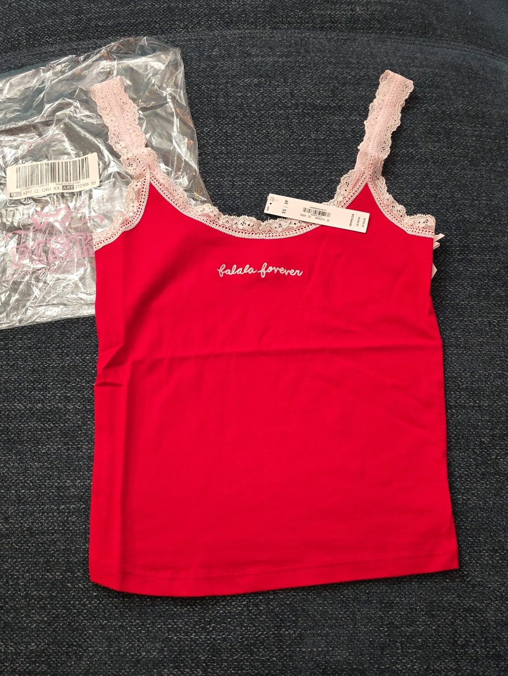 LoveShackFancy Pink-Trim Red Lace Camisole